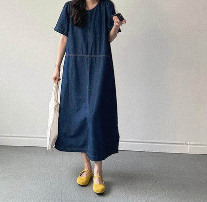 Round Neck Relaxed Fit Denim Dress