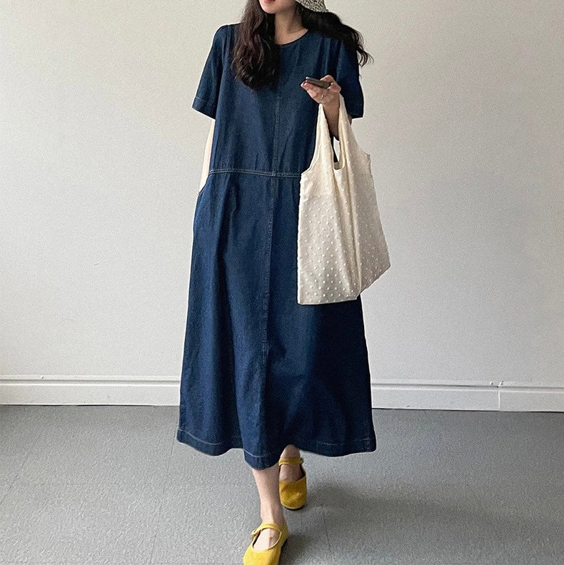 Round Neck Relaxed Fit Denim Dress