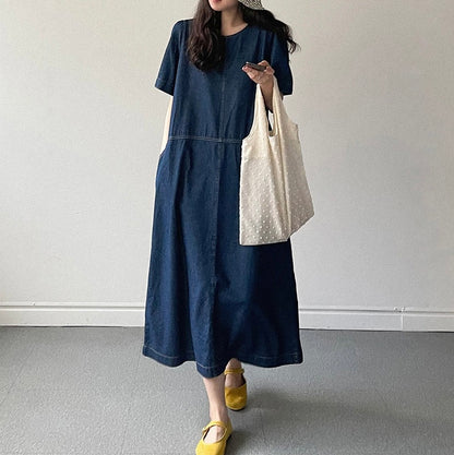 Round Neck Relaxed Fit Denim Dress