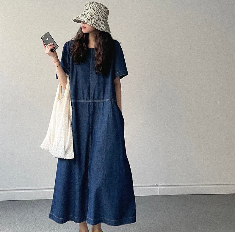 Round Neck Relaxed Fit Denim Dress