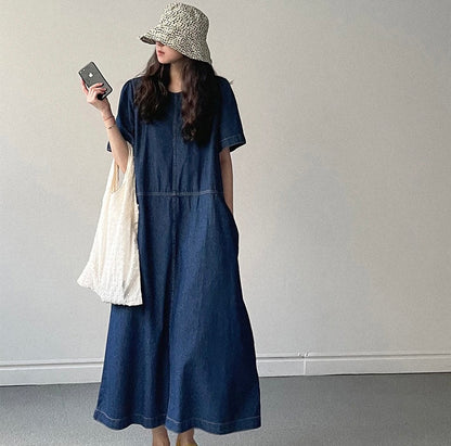Round Neck Relaxed Fit Denim Dress
