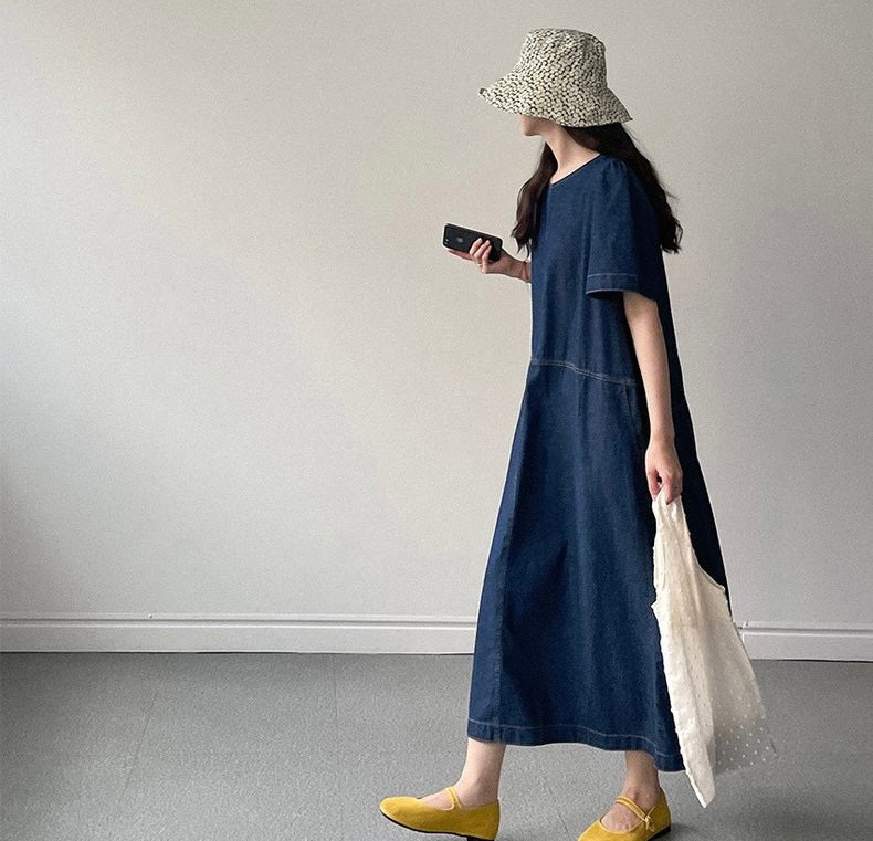 Round Neck Relaxed Fit Denim Dress