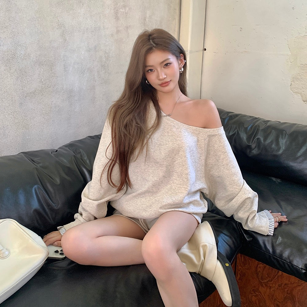 Lazy Off-Shoulder Sweatshirt + Color-Block Shorts Set
