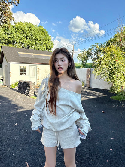 Lazy Off-Shoulder Sweatshirt + Color-Block Shorts Set