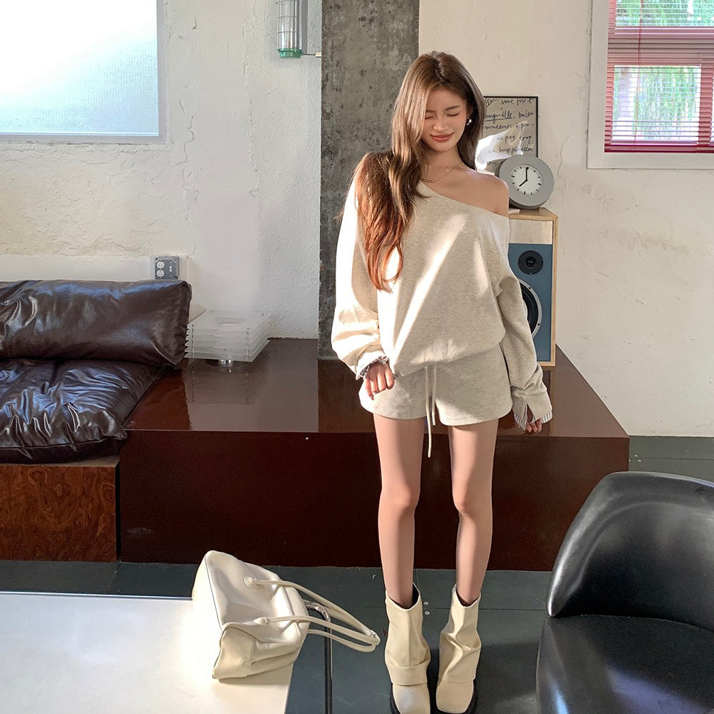 Lazy Off-Shoulder Sweatshirt + Color-Block Shorts Set
