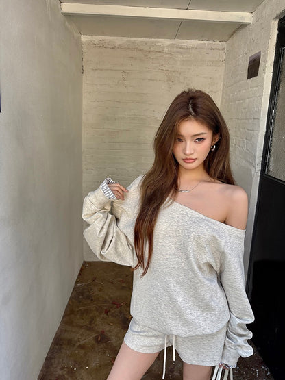 Lazy Off-Shoulder Sweatshirt + Color-Block Shorts Set