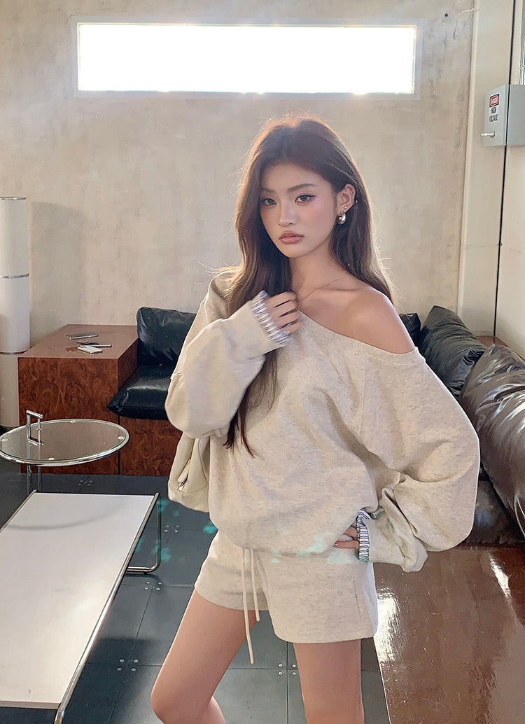 Lazy Off-Shoulder Sweatshirt + Color-Block Shorts Set