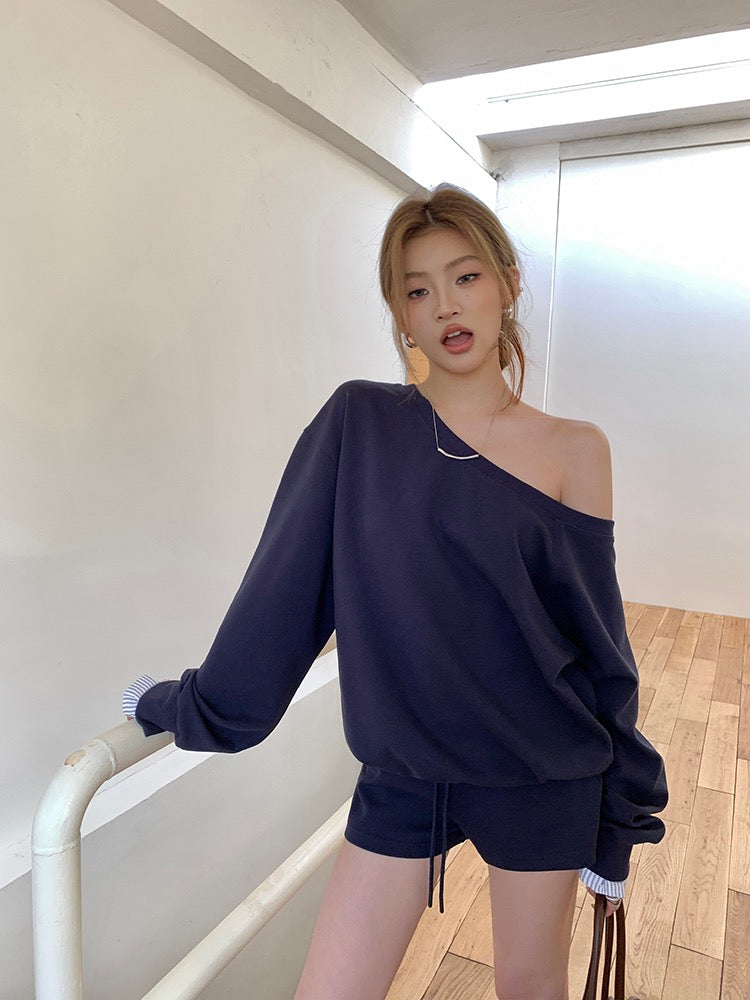 Lazy Off-Shoulder Sweatshirt + Color-Block Shorts Set