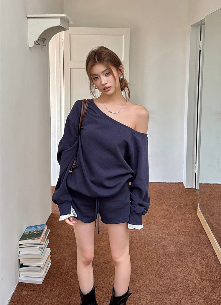 Lazy Off-Shoulder Sweatshirt + Color-Block Shorts Set