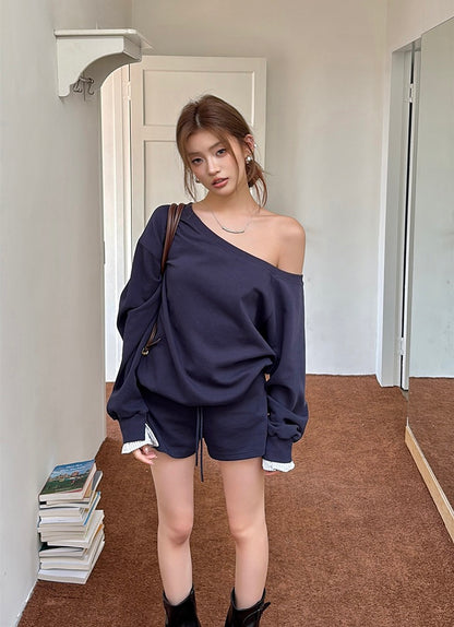 Lazy Off-Shoulder Sweatshirt + Color-Block Shorts Set