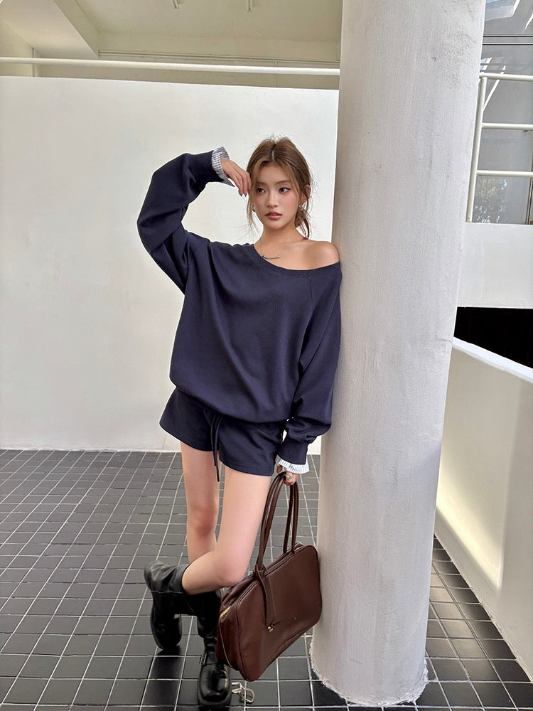 Lazy Off-Shoulder Sweatshirt + Color-Block Shorts Set