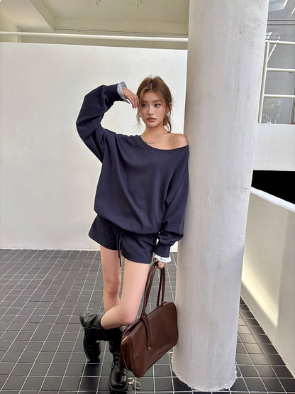 Lazy Off-Shoulder Sweatshirt + Color-Block Shorts Set