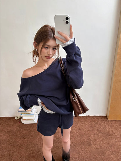 Lazy Off-Shoulder Sweatshirt + Color-Block Shorts Set