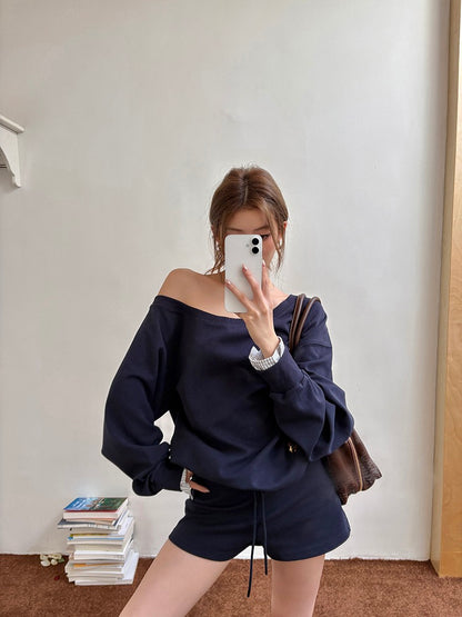 Lazy Off-Shoulder Sweatshirt + Color-Block Shorts Set
