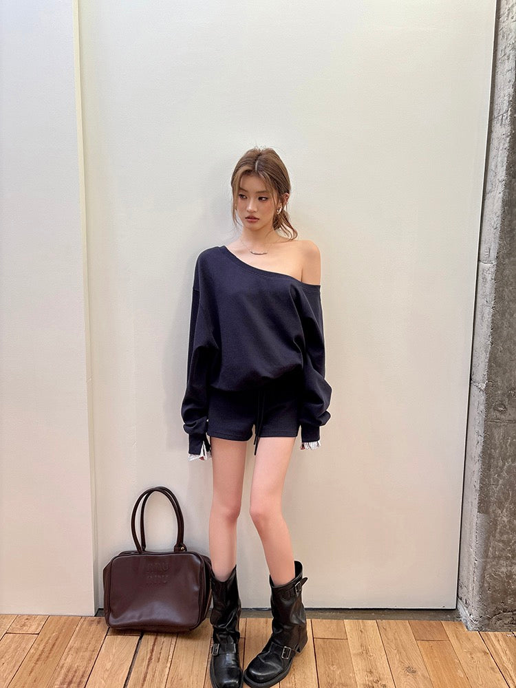 Lazy Off-Shoulder Sweatshirt + Color-Block Shorts Set