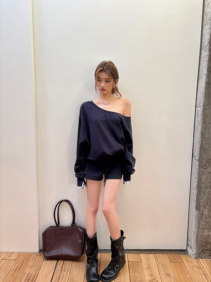 Lazy Off-Shoulder Sweatshirt + Color-Block Shorts Set
