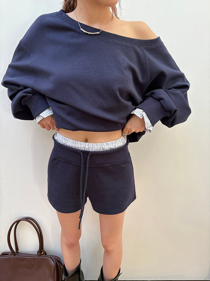 Lazy Off-Shoulder Sweatshirt + Color-Block Shorts Set