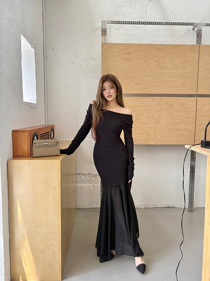 Off-shoulder chiffon patchwork mermaid dress