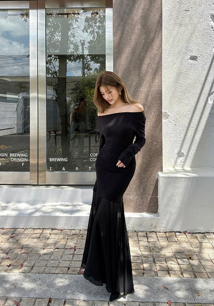 Off-shoulder chiffon patchwork mermaid dress