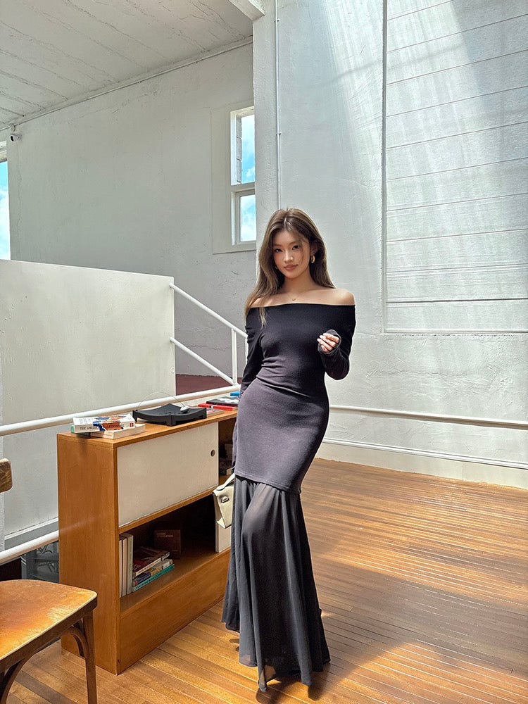 Off-shoulder chiffon patchwork mermaid dress