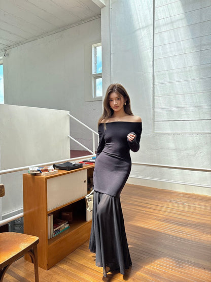 Off-shoulder chiffon patchwork mermaid dress