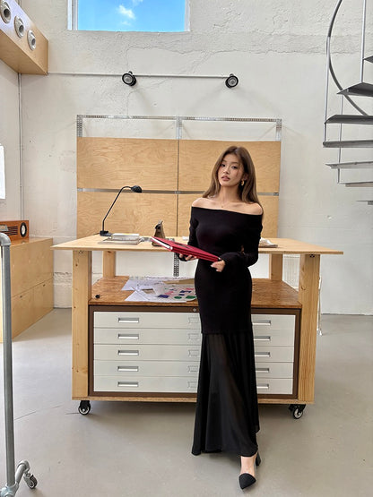 Off-shoulder chiffon patchwork mermaid dress