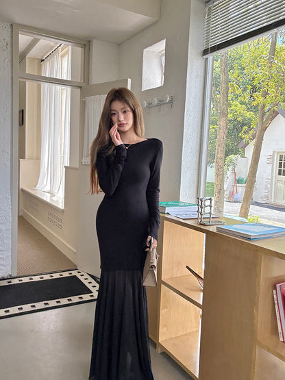 Off-shoulder chiffon patchwork mermaid dress