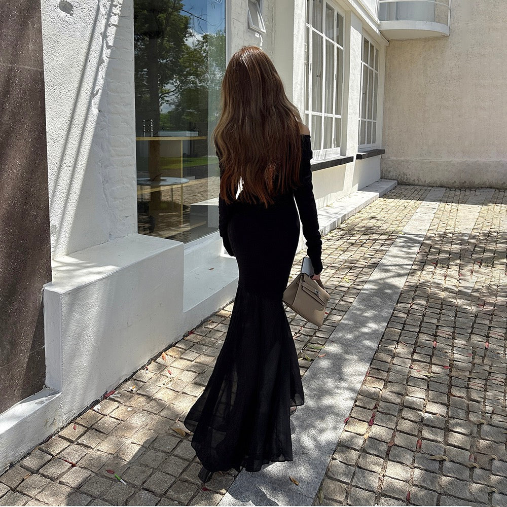 Off-shoulder chiffon patchwork mermaid dress