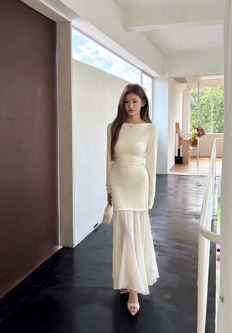 Off-shoulder chiffon patchwork mermaid dress