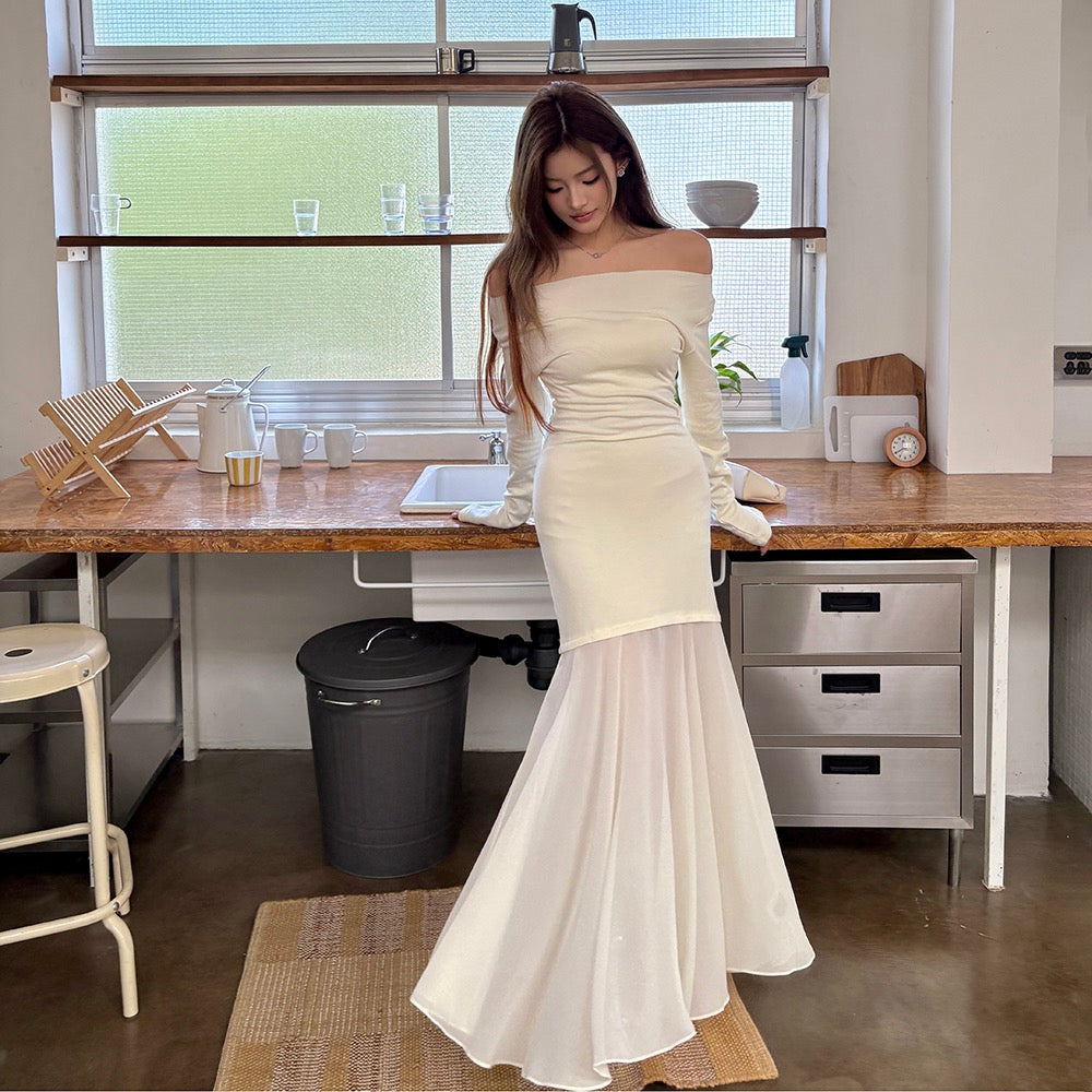 Off-shoulder chiffon patchwork mermaid dress