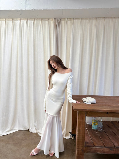 Off-shoulder chiffon patchwork mermaid dress