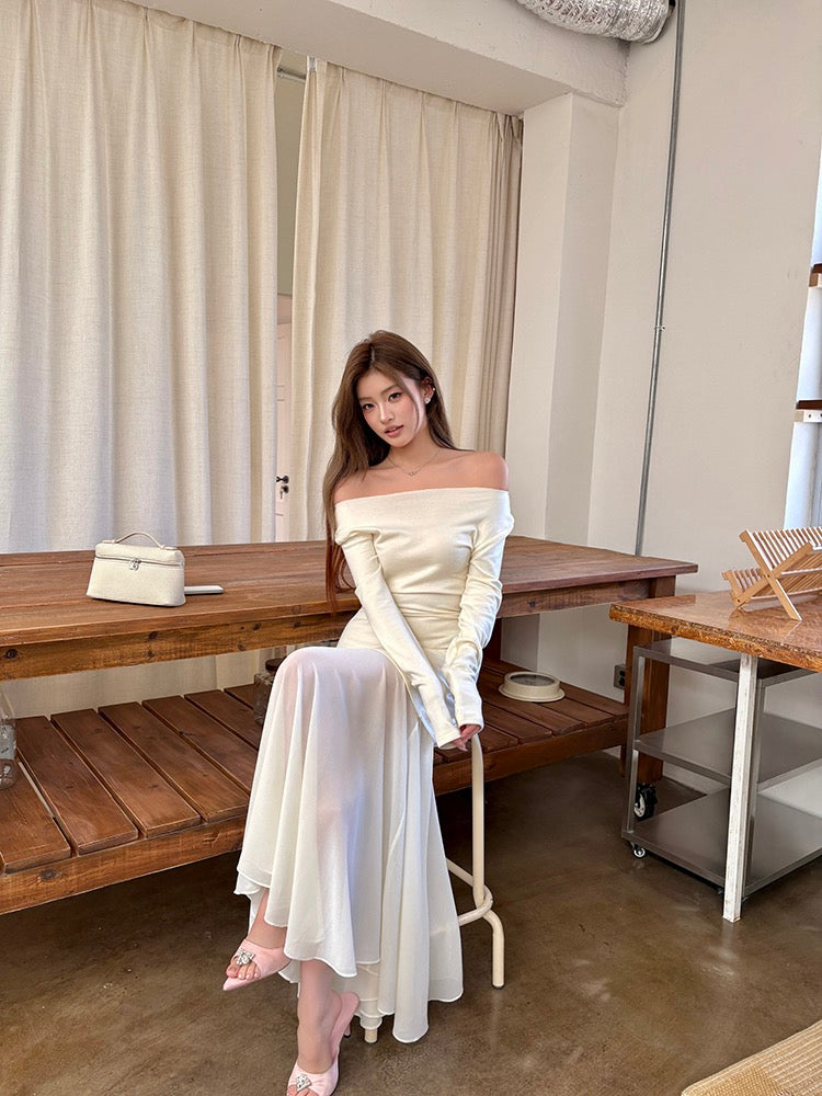 Off-shoulder chiffon patchwork mermaid dress