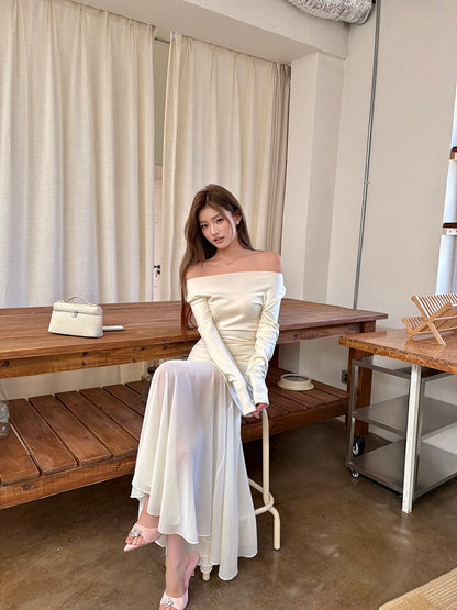 Off-shoulder chiffon patchwork mermaid dress