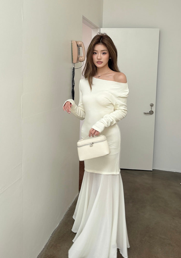 Off-shoulder chiffon patchwork mermaid dress