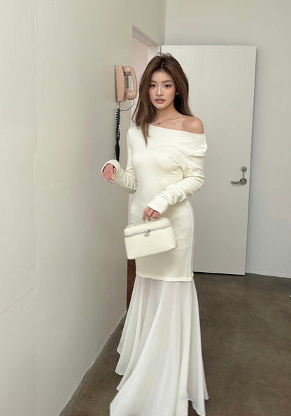 Off-shoulder chiffon patchwork mermaid dress