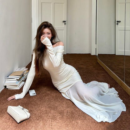 Off-shoulder chiffon patchwork mermaid dress