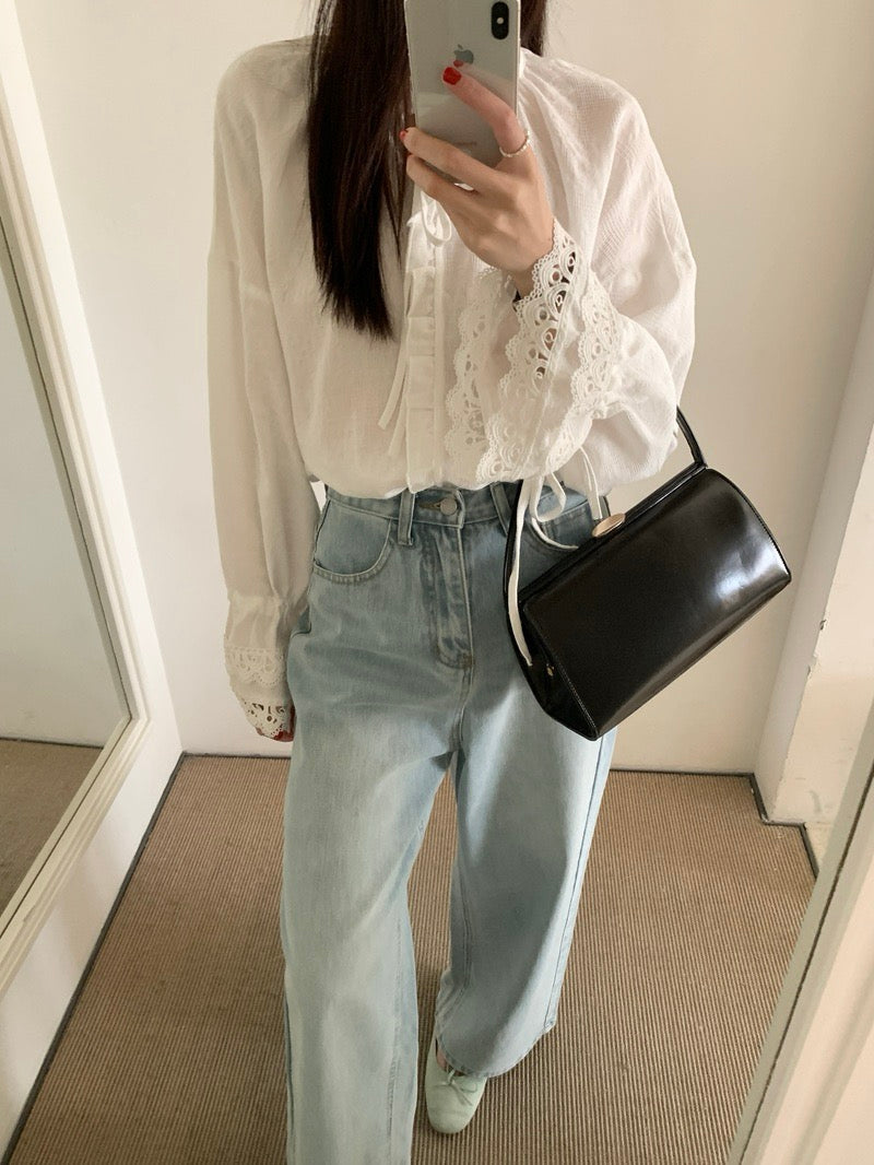 系帶鉤花拼接喇叭袖恤衫