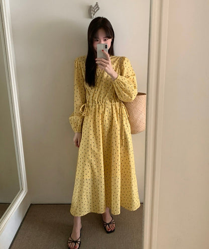 Vネックドローストリングウエスト切り替え花柄ワンピース