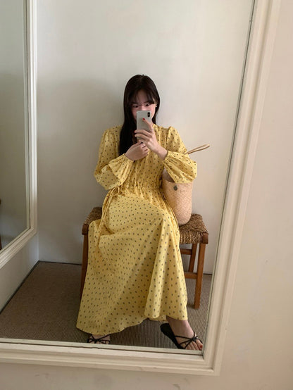 Vネックドローストリングウエスト切り替え花柄ワンピース