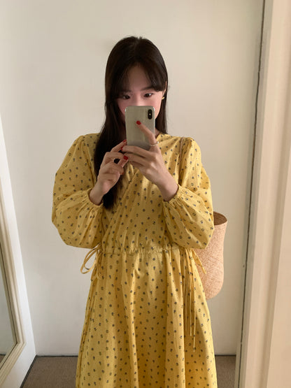 Vネックドローストリングウエスト切り替え花柄ワンピース