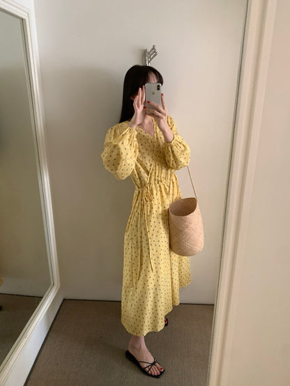 Vネックドローストリングウエスト切り替え花柄ワンピース