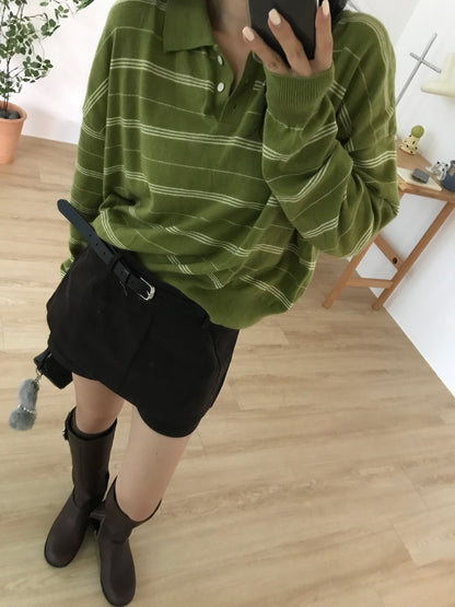 Retro Relaxed Loose Striped Knit Top