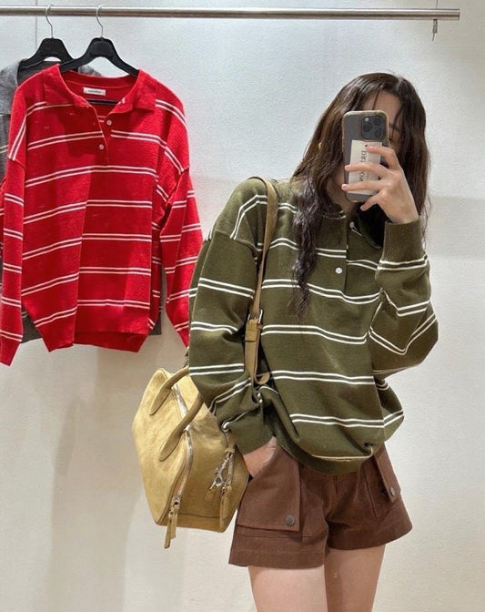 Polo領條紋寬鬆針織top