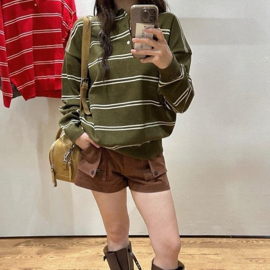 Polo領條紋寬鬆針織top