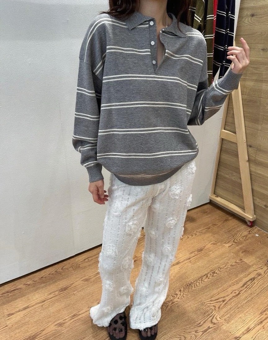 Polo領條紋寬鬆針織top