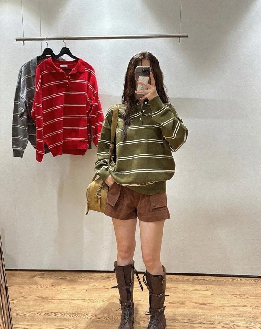 Polo領條紋寬鬆針織top