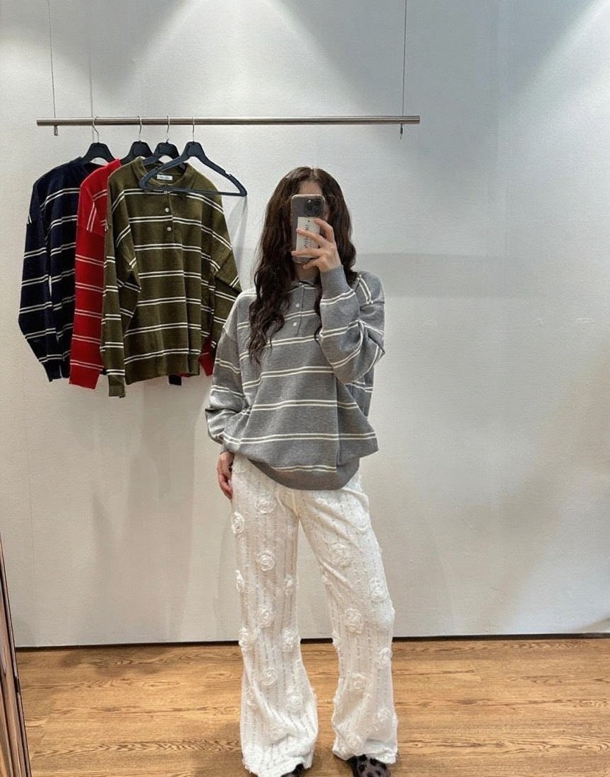 Polo領條紋寬鬆針織top