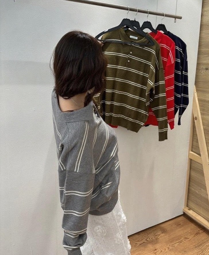 Polo領條紋寬鬆針織top