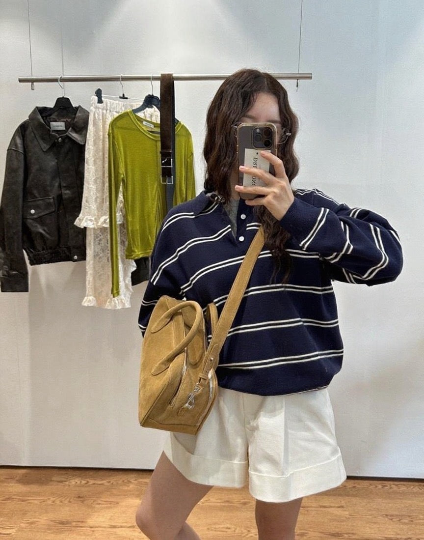 Polo領條紋寬鬆針織top