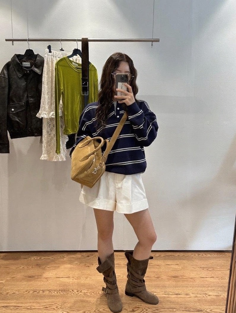 Polo領條紋寬鬆針織top